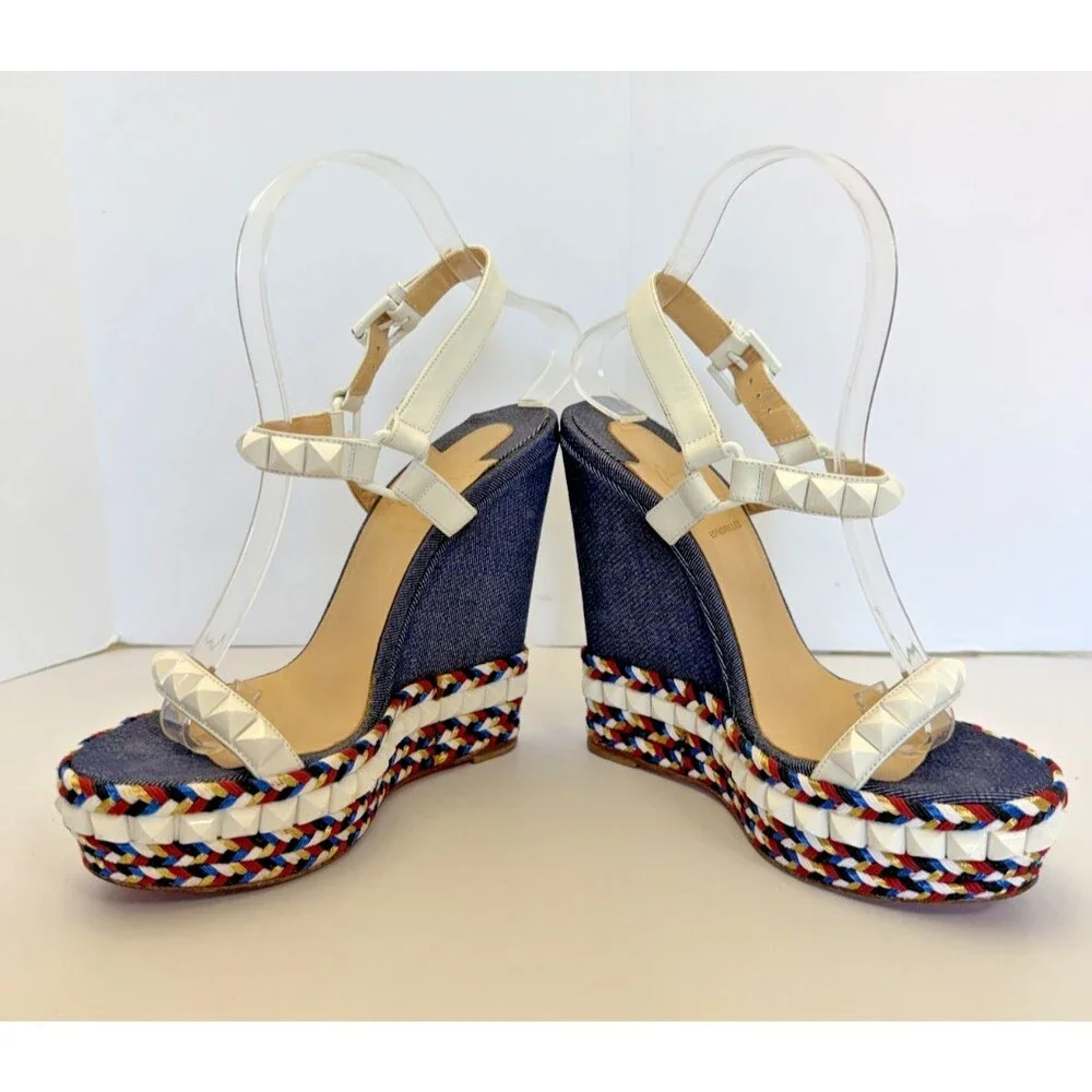 Christian Louboutin Cataclou Espadrille Sandals Red White Blue Denim Size 37 / 7